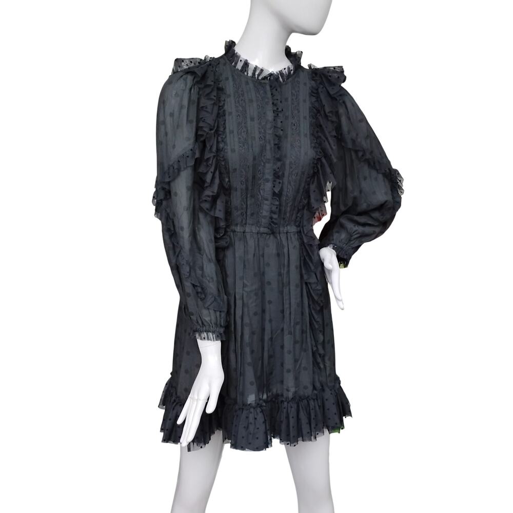 Ulla Johnson Presley Mini Dress Size 4 Black Polka Dot Ruffled Long Sleeve